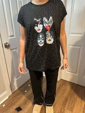 KISS Black Upcycled Band Tee with Rhinestones
